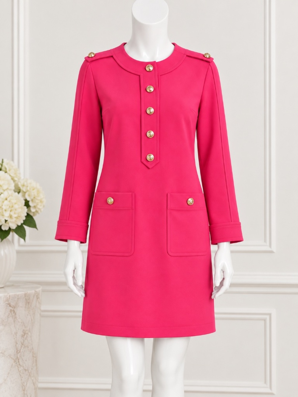 Gucci 2019 Hot Pink Coat Dress Tunic Gold GG Buttons Long Sleeve Size L